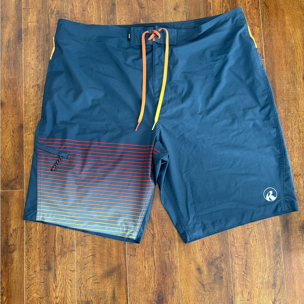 Men's Ripzone Navy Blue Gradient Stripe Swim Trunks with Yellow Drawcord
